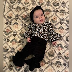 Rachel Zoe leopard bell bottom and headband and onesie set 3-6